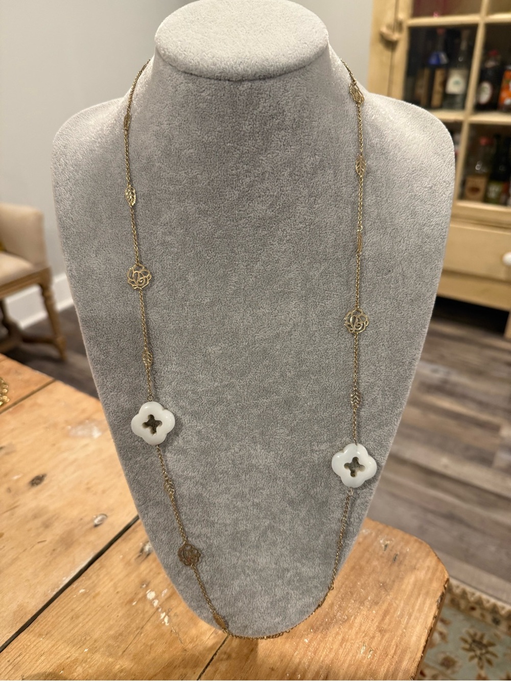 Laila Rowe Long Gold Chain Necklace with White Clover Accents